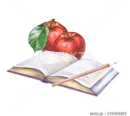 Watercolor composition with an open book, two ripe red apples on a green leaf background and a pencil. This is a realistic illustration on an isolated background. For designing educational materials Watercolor composition with an open book, two ripe red apples on a green leaf background and a pencil. This is a realistic illustration on an isolated background. For designing educational materials 139308865