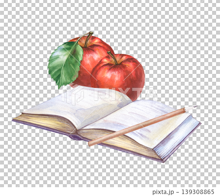 Watercolor composition with an open book, two ripe red apples on a green leaf background and a pencil. This is a realistic illustration on an isolated background. For designing educational materials Watercolor composition with an open book, two ripe red apples on a green leaf background and a pencil. This is a realistic illustration on an isolated background. For designing educational materials 139308865