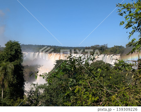 A panoramic view of Iguazu Falls and a rainbow in Iguazu National Park and Reserve in Argentina in June 139309226