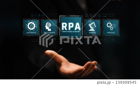 A hand presenting the concept of robotic process automation, featuring icons that symbolize automation, intelligence, and efficiency in a sleek digital format. Sigmoid 139309545