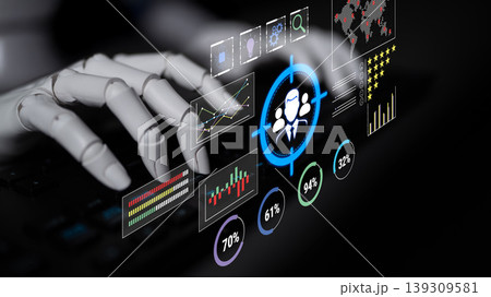 Robotic Hand Interacting with Digital Data and Graphs Depicting Business Analytics and Projections for Future Growth Fluxor Robotic Hand Interacting with Digital Data and Graphs Depicting Business Analytics and Projections for Future Growth Fluxor 139309581
