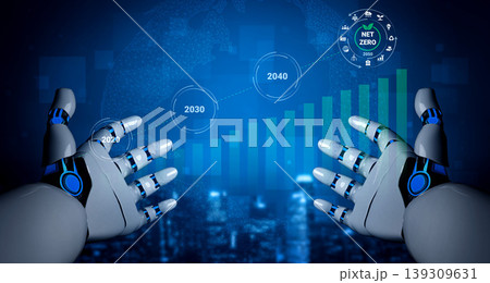 Futuristic robotic hands presenting data on a digital screen with growth metrics and timelines for achieving net zero emissions by 2040 Gantry Futuristic robotic hands presenting data on a digital screen with growth metrics and timelines for achieving net zero emissions by 2040 Gantry 139309631