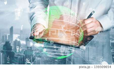 Professional Businessman Using Digital Tablet with Global Connectivity Icons in Modern Urban Landscape for Technology and Innovation Concepts xenic Professional Businessman Using Digital Tablet with Global Connectivity Icons in Modern Urban Landscape for Technology and Innovation Concepts xenic 139309654