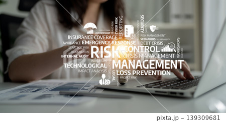 Business person managing financial risk with data analysis tools in a modern office environment, highlighting strategies for effective risk management and reporting. Tessel 139309681