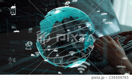Digital Global Connectivity Concept with Technology Icons and Abstract Earth on Background of Keyboard and Data Streams xenic 139309765
