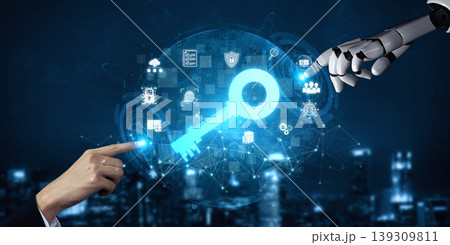 A human hand reaches out to a robotic hand in a digital environment, emphasizing technology, data protection, and the fusion of human and machine interactions in the modern era. Sigmoid 139309811