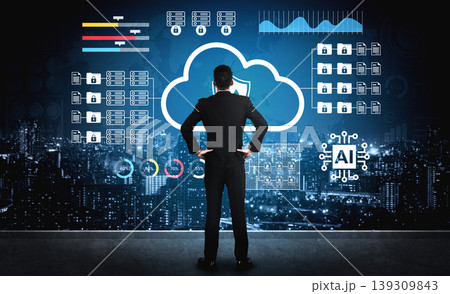 Business Professional Analyzing Data and Cloud Security Solutions with Artificial Intelligence Technology Over City Background at Night Gantry Business Professional Analyzing Data and Cloud Security Solutions with Artificial Intelligence Technology Over City Background at Night Gantry 139309843