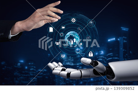 Human and Robot Collaboration with Digital Interfaces in a Futuristic Environment Showcasing Technology Advancement and Innovation Quark Human and Robot Collaboration with Digital Interfaces in a Futuristic Environment Showcasing Technology Advancement and Innovation Quark 139309852