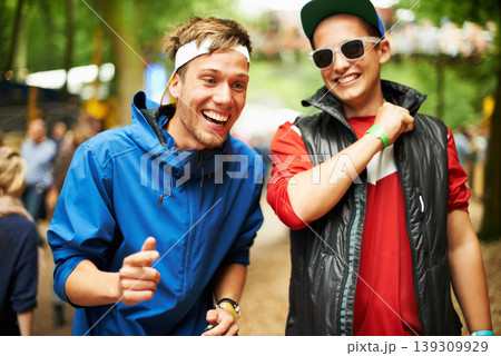 Festival, happiness and outdoor friends, men or funky people having fun together, nature party rave or social gathering. Forest music concert, gen z fashion and guys at woods entertainment event 139309929