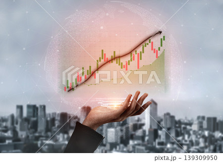 Modern Hand Holding Digital Graph Displaying Financial Growth Above Urban Cityscape Background Impute 139309950
