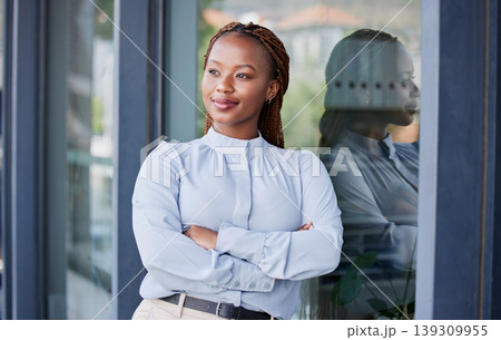 Thinking, crossed arms and professional black woman at office for planning or brainstorming for legal case. Smile, ideas and young African female attorney with confidence for law career at workplace. Thinking, crossed arms and professional black woman at office for planning or brainstorming for legal case. Smile, ideas and young African female attorney with confidence for law career at workplace. 139309955