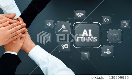 Collaborative Hands Symbolizing Unity and Partnership: Emphasizing AI Ethics in Technology and Society with Icons Representing Responsibility and Integrity. Raster 139309956