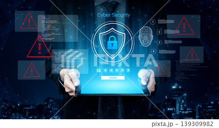 Businessman Holding Tablet with Cyber Security Graphics and Warning Signs Representing Data Protection and Digital Safety in Modern Technology Environment Ledger Businessman Holding Tablet with Cyber Security Graphics and Warning Signs Representing Data Protection and Digital Safety in Modern Technology Environment Ledger 139309982