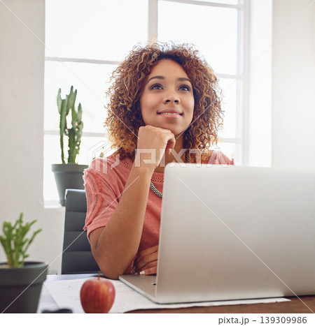 Woman thinking, web design student or laptop for technology research, email or internet in office. Smile, intern or African lady working on computer, website or PC for planning online ideas or vision Woman thinking, web design student or laptop for technology research, email or internet in office. Smile, intern or African lady working on computer, website or PC for planning online ideas or vision 139309986