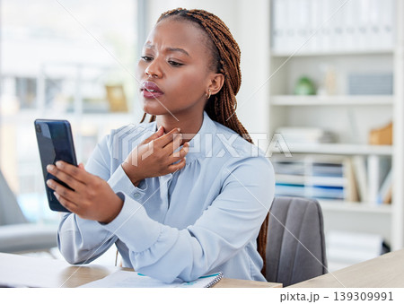 Woman, cellphone and throat or pain sick in office for internet search symptoms, online connection for flu problem. Black person, corporate business and digital device for unhappy, stress for cold Woman, cellphone and throat or pain sick in office for internet search symptoms, online connection for flu problem. Black person, corporate business and digital device for unhappy, stress for cold 139309991