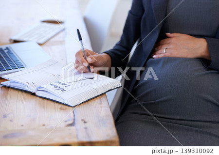 Businesswoman, pregnant and date for maternity closeup .for work break, waiting for motherhood. Female person, stomach and notebook as professional employee for career relax, appointment for care Businesswoman, pregnant and date for maternity closeup .for work break, waiting for motherhood. Female person, stomach and notebook as professional employee for career relax, appointment for care 139310092