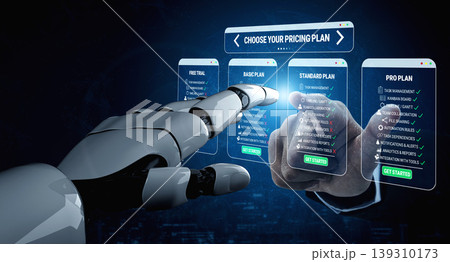 Futuristic Robotic Hand Interacting with Pricing Plans on Digital Interfaces for Subscription Services in Modern Tech Environment Quark Futuristic Robotic Hand Interacting with Pricing Plans on Digital Interfaces for Subscription Services in Modern Tech Environment Quark 139310173