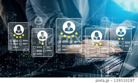 Digital Representation of Employee Profiles with Ratings and Reviews on a Laptop in a Modern Office Setting with Blurred City Background Gluon 139310197