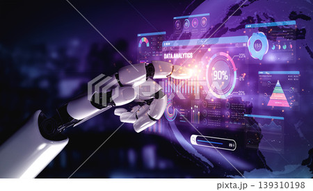 A robotic hand interacts with a high-tech data analytics interface, showcasing global data visualizations and graphs, representing innovation in technology and digital solutions. Sigmoid 139310198