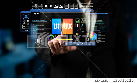 Futuristic User Interface Interaction with Touchscreen Technology in Digital Environment for Modern Business Solutions and Creative Design Fluxor 139310220