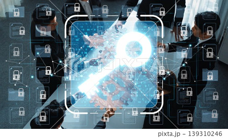 A business team collaborates on data security strategy, utilizing digital symbols like keys and locks to represent the importance of cybersecurity and confidentiality in modern communication. Sigmoid A business team collaborates on data security strategy, utilizing digital symbols like keys and locks to represent the importance of cybersecurity and confidentiality in modern communication. Sigmoid 139310246