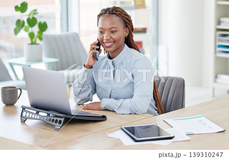 Black woman, phone call and laptop with smile, thinking and reading with networking, accounting or advice. African financial advisor, person and smartphone for contact, happy and computer with vision Black woman, phone call and laptop with smile, thinking and reading with networking, accounting or advice. African financial advisor, person and smartphone for contact, happy and computer with vision 139310247
