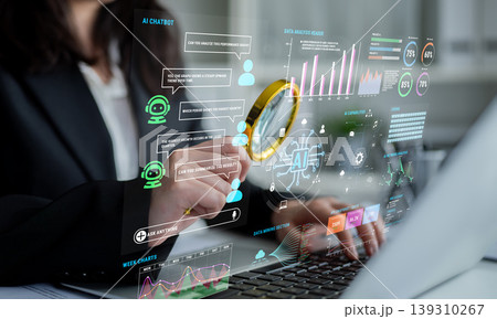 Business Professional Analyzing Data Visualizations and AI Chatbot Metrics with a Magnifying Glass in a Modern Workplace Environment Fluxor Business Professional Analyzing Data Visualizations and AI Chatbot Metrics with a Magnifying Glass in a Modern Workplace Environment Fluxor 139310267
