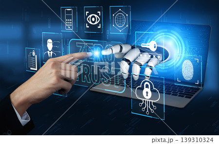 Futuristic Concept of Cybersecurity with Robotic Hand Interacting with Laptop Displaying Zero Trust Security Principles and Digital Icons Fluxor Futuristic Concept of Cybersecurity with Robotic Hand Interacting with Laptop Displaying Zero Trust Security Principles and Digital Icons Fluxor 139310324