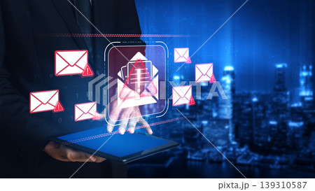 A business professional uses a digital tablet to manage email notifications in a futuristic urban setting, showcasing technology integration in modern communication workflows. Sigmoid A business professional uses a digital tablet to manage email notifications in a futuristic urban setting, showcasing technology integration in modern communication workflows. Sigmoid 139310587