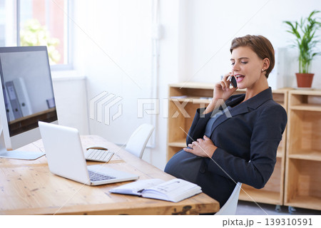 Woman, pregnant and maternity phone call at office for peace break, childcare as waiting motherhood. Female person, stomach and book for holiday date as professional employee, career relax for infant Woman, pregnant and maternity phone call at office for peace break, childcare as waiting motherhood. Female person, stomach and book for holiday date as professional employee, career relax for infant 139310591