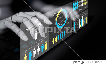 Futuristic robotic hand interacting with digital HR management dashboard showcasing analytics, graphs, and user interface design elements for human resources Ledger Futuristic robotic hand interacting with digital HR management dashboard showcasing analytics, graphs, and user interface design elements for human resources Ledger 139310592