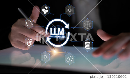 Hands Using Digital Tablet to Interact with Large Language Model Concepts and Visuals in Modern Business Setting Quark 139310602