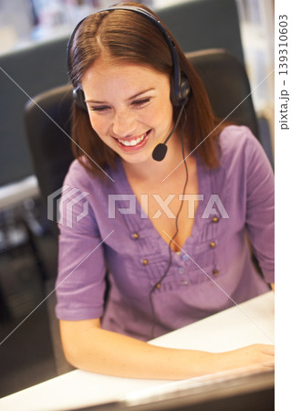Call center, computer and happy business woman reading telemarketing report, telecom info or tech support review. Help desk customer care, ecommerce data and agent smile for online advisory feedback Call center, computer and happy business woman reading telemarketing report, telecom info or tech support review. Help desk customer care, ecommerce data and agent smile for online advisory feedback 139310603