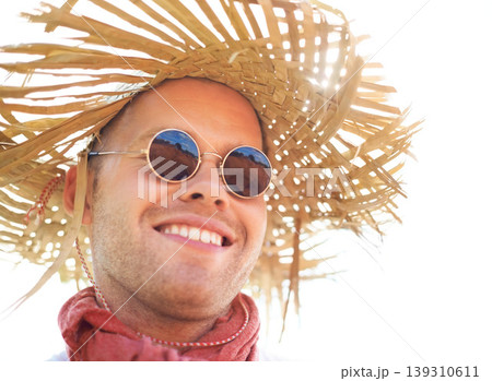 Smile, sunglasses and man in straw hat for summer outdoor, travel and holiday vacation, sunshine and mockup space. Happy young person in shades, adventure and tourist thinking, relax and fashion 139310611