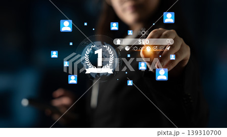 Business professional using technology to enhance SEO strategies and digital marketing through social media engagement and online networking in a modern office environment Quark 139310700