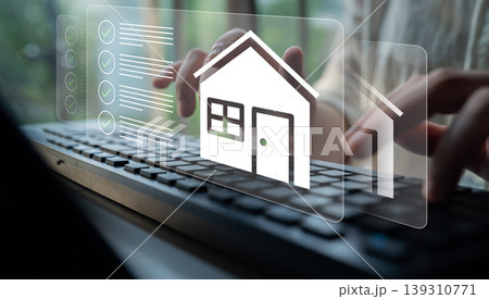 Hands Typing on Keyboard with Digital House Icon and Checklist for Real Estate Management, Home Buying, and Property Investment Processes Gantry Hands Typing on Keyboard with Digital House Icon and Checklist for Real Estate Management, Home Buying, and Property Investment Processes Gantry 139310771