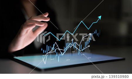 Businessperson Analyzing Digital Data and Statistics on Touchscreen Device with Colorful Graphs and Charts Representing Growth and Trends Scalp 139310980