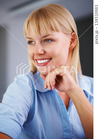 Businesswoman, thinking or idea with hand on chin, corporate career or vision with positive wellness in job. Young person, pensive and smile with thought and start up consultant for entrepreneurs Businesswoman, thinking or idea with hand on chin, corporate career or vision with positive wellness in job. Young person, pensive and smile with thought and start up consultant for entrepreneurs 139310983