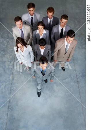 Top view, serious team or business people in office, cooperation or collaboration solidarity on mockup space. Above, group or professional corporate employee, lawyer or leadership at company together 139311046