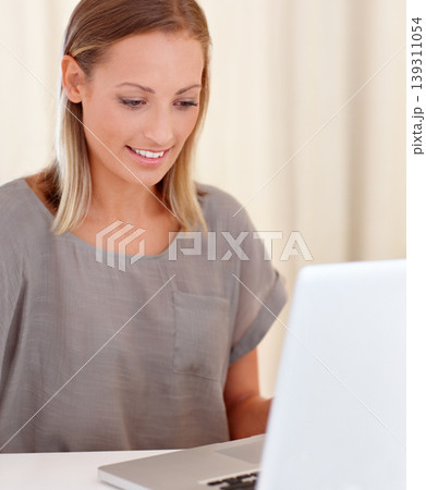 Woman, laptop and remote work from home with reading, smile and thinking for freelance copywriting job. Girl, computer and entrepreneur with analysis, schedule or brainstorming for ideas in house Woman, laptop and remote work from home with reading, smile and thinking for freelance copywriting job. Girl, computer and entrepreneur with analysis, schedule or brainstorming for ideas in house 139311054