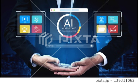 Modern Businessman Holding AI Technology Interface with Icons Representing Digital Innovation and Assistance in a Futuristic Urban Environment Gluon 139311062