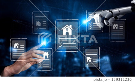 Futuristic Interaction Between Human Hand and Robotic Arm Over Digital Real Estate Documents with House Icons and Checkmarks in Cyber Space Gluon Futuristic Interaction Between Human Hand and Robotic Arm Over Digital Real Estate Documents with House Icons and Checkmarks in Cyber Space Gluon 139311230