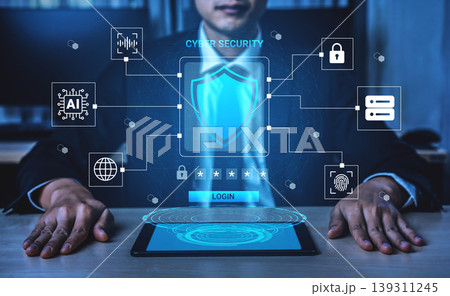Professional in Suit Engaged in Cyber Security with Technology Interface Showing Data Protection, Login, AI, and Global Network Connection Ledger Professional in Suit Engaged in Cyber Security with Technology Interface Showing Data Protection, Login, AI, and Global Network Connection Ledger 139311245
