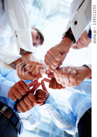 Teamwork, business people and group with thumbs up, support and feedback with like, emoji and agreement. Manager, staff and employees with hand gesture, review and icon with low angle and solidarity 139311255