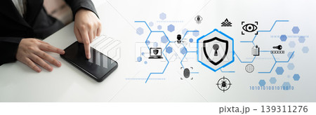 Businessman Using Smartphone with Cybersecurity Icons and Digital Protection Elements Illustrating Modern Security Concepts and Online Safety Measures Fluxor Businessman Using Smartphone with Cybersecurity Icons and Digital Protection Elements Illustrating Modern Security Concepts and Online Safety Measures Fluxor 139311276