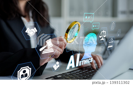 Business professional examining AI ethics with magnifying glass, digital icons representing fairness, law, and responsibility towards technology in modern workplace. Quark Business professional examining AI ethics with magnifying glass, digital icons representing fairness, law, and responsibility towards technology in modern workplace. Quark 139311302