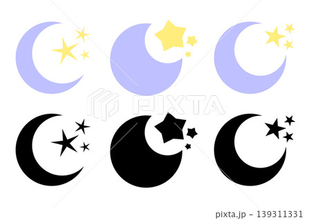 Crescent moon and stars icons for nursery and sleep design. Night sky symbols set, Vector Illustration Crescent moon and stars icons for nursery and sleep design. Night sky symbols set, Vector Illustration 139311331