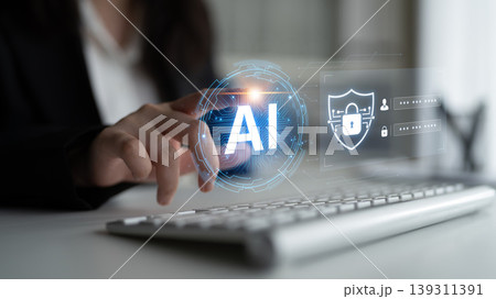 AI Cybersecurity Shield with Data Protection Icons and Circuit Lines. Corpus 139311391
