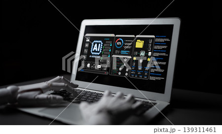 Futuristic Artificial Intelligence Interface Displayed on Laptop with Robotic Hand Interaction in Dark Environment Fluxor Futuristic Artificial Intelligence Interface Displayed on Laptop with Robotic Hand Interaction in Dark Environment Fluxor 139311461
