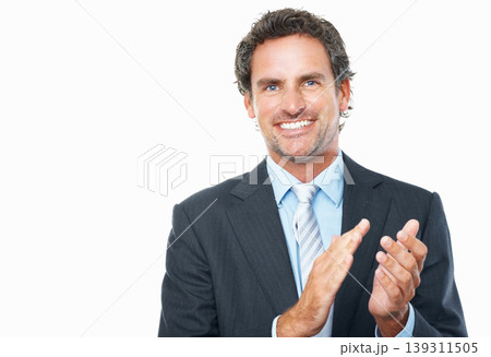 Business man, portrait and applause in studio for success, praise or congratulations to winner on white background. Happy mature entrepreneur clapping hands to celebrate winning award at mockup space 139311505